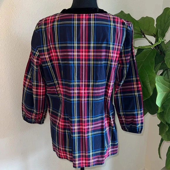 TALBOTS Petite Women’s Split-Neck Tunic Blouse Top Red Cabin Plaid Velvet - Picture 6 of 14